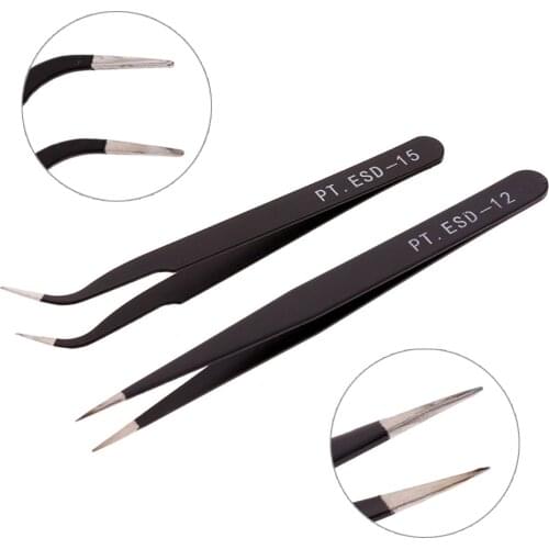 2Pcs/Set Anti-static Tweezers Curved Stainless Tip Forceps Precision Soldering Set Electronic Tweezers Tool Eyelashes Tool