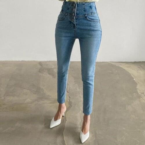 2021 High Waist Stretch Pants Capris Female Streetwear Jeans Pants Autumn Vintage Single-Breasted Women Denim Jeans