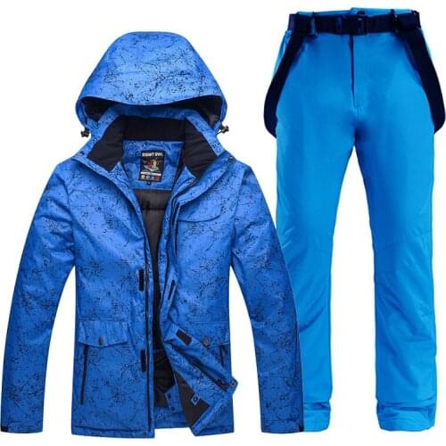 -30 Blue Womens and Mens Snow Suit Outdoor Ski Wear Snowboard Clothing Sets Waterproof Winter Costume Snow Jacket + Strap Pant
