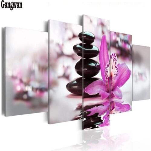 5d square round drill 5 Panels Stone Light Purple Butterfly Orchid Flower diamond painting Abstract Background living room decor