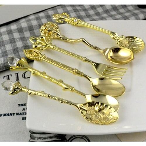 6 Pcs/Set Tableware Set Vintage Zinc Alloy Fork Crystal Head Coffee Tea Dinnerware FBE2