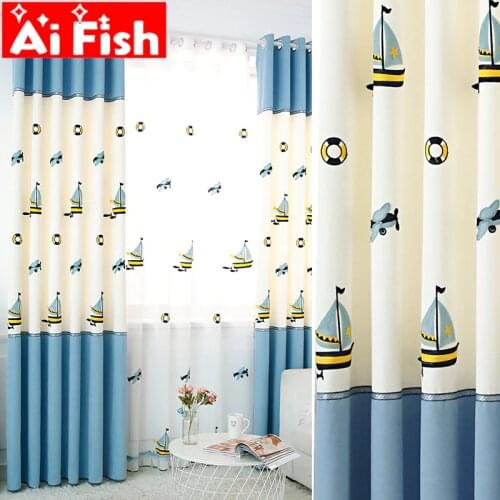 Boutique Embroidered Stitching Sailboat Shading Cloth Blue Cartoon Curtains Boy Girl Children Bedroom Room Drapes wp429-5