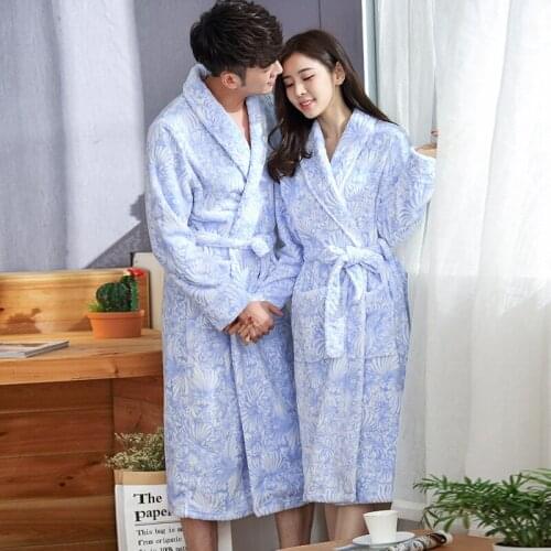 Autumn And Winter Carved Flannel Couple Nightgowns Men And Women Thickened Lengthened Plus Size Coral Velvet Bathrobe Nighties