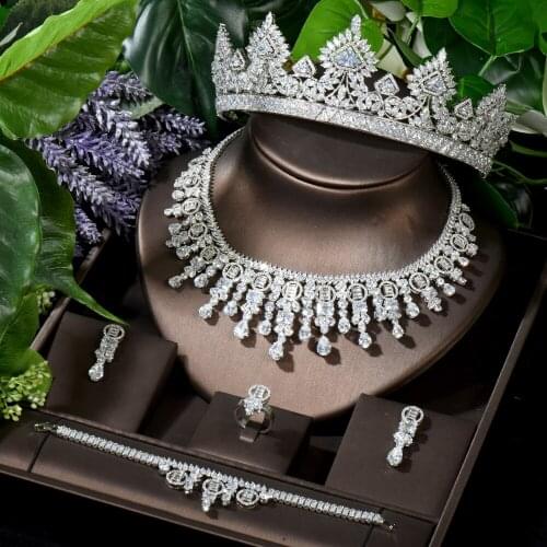 HIBRIDE 5pcs Wedding Naija Bride Jewelry Sets Full Cubic Zircon Tiara Crown White Gold Color Crystal Dress Party Jewelry N-1650