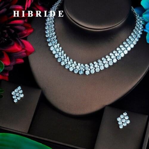 HIBRIDE Round Rhinestone CZ Stone Women Jewelry Set White Gold Color Female Wedding Earring Necklace Sets N-186