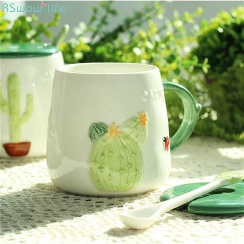 Pastoral Botanical Style Cactus Creative Cute Ceramic Mug with Covered Coffee Cup Lovely Water Cup Milk Breakfast With Spoon