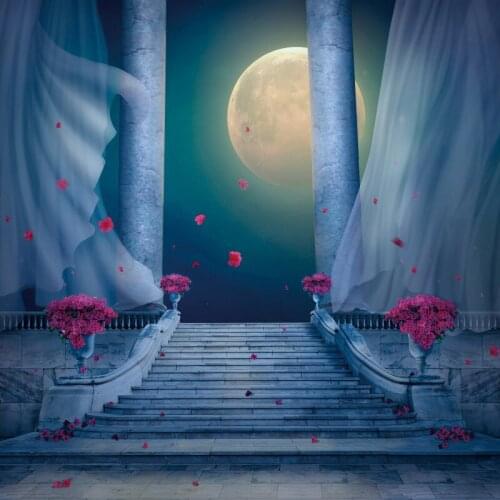 Laeacco Old Vintage Pillar Moon Curtain Staircase Flowers Dreamy Night Scenic Photographic Background Photo Backdrop Photostudio