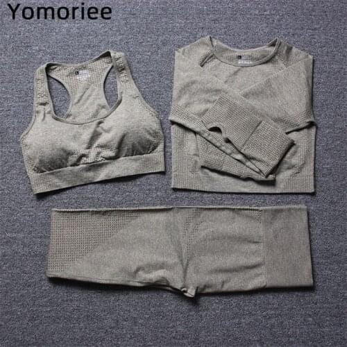 Three-piece Running Fitness Leggings Yoga Suit Gym Sport Workout Long-Sleeved Trousers Seamless Athletic Wear For Women Yomoriee