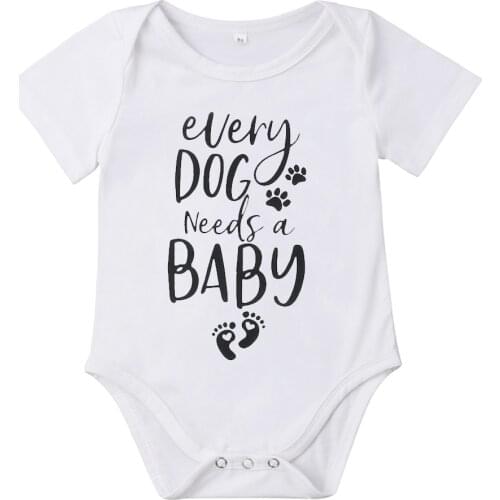 2019 Brand New 0-18M Summer Causal Toddler Baby Girl Boy Short Sleeve Letter Puppy Footprints White Romper Jumpsuits Clothes