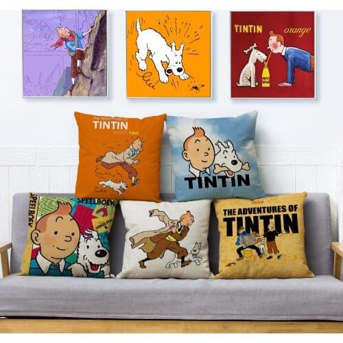 Comic Adventures Of Tintin Print Throw Pillow Cover 45*45 Textile Cushion Cover Linen Pillow Case Sofa Home Decor Pillows Cases