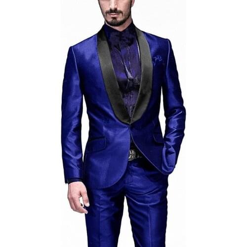 Newest Men Suits Shiny Royal Blue Groom Tuxedos Shawl Black Lapel Groomsmen 2 Pieces Wedding Best Man ( Jacket+Pants+Tie ) C988