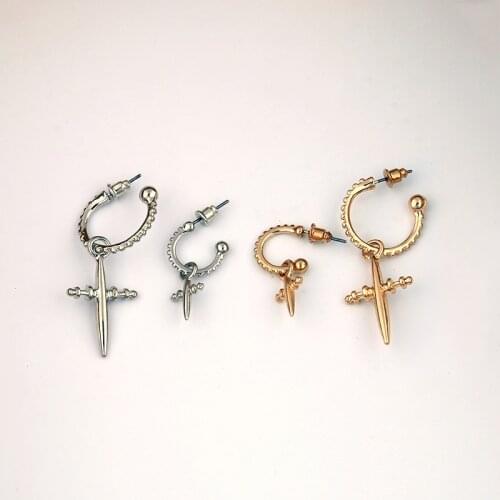 New Fashion 2 Colors Punk Girl Boy Metal Studs Earrings Cross Pendant C Shape Personality Earring For Women Men Jewelry Gifts