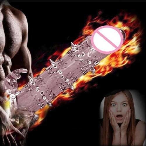 Extension Reusable Condom Penis Sleeve Male Enlargement Time Delay Spike Clit Massager Cover Crystal Clear Condoms Adult Sex Toy