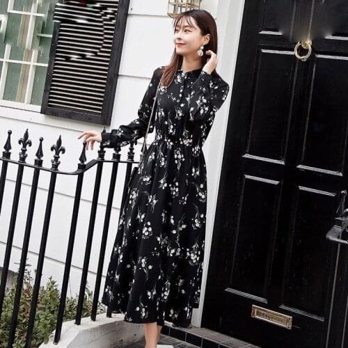 Stand Collar Floral Print chiffion Dress long sleeve Women irregular Female Ankle Pleated bottoming Dress Vestidos Spring autumn