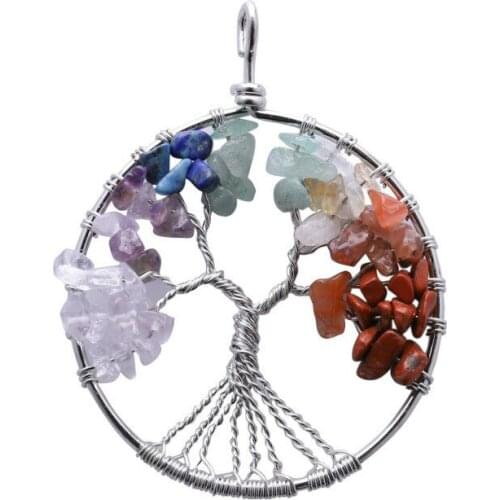 Vintage Rainbow 7 Chakra Tree of Life Quartz Chips Pendant Multi Wisdom Tree Natural Stone Wire Wrapped Women Jewelry
