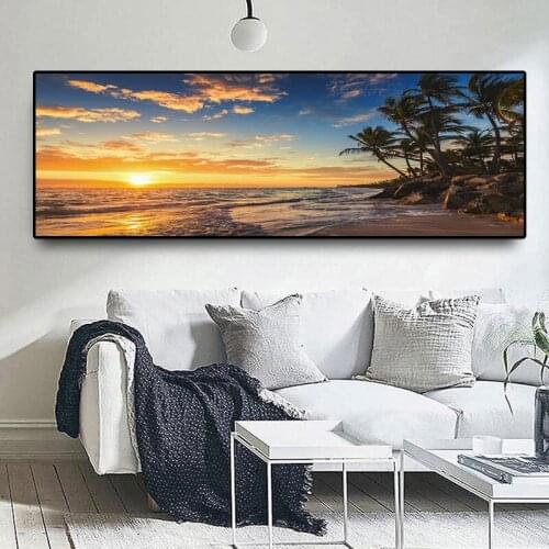 Sunsets Natural Sea Beach Coconut Palm Landscape Wall Art Pictures Painting Wall Art for Living Room Home Decor (No Frame)
