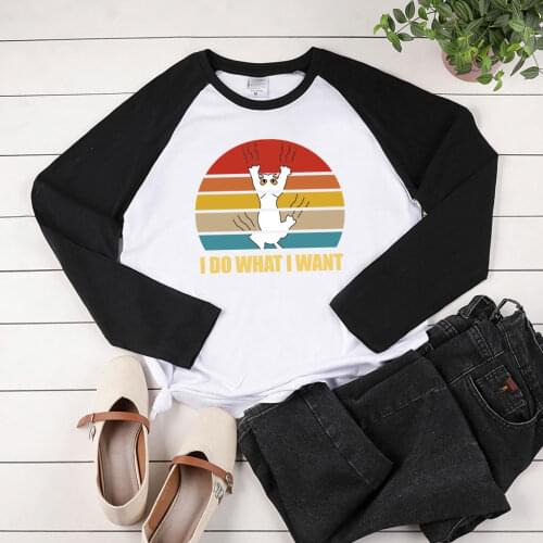 I Do What I Want Print Long Sleeve T-shirts Women Autumn Winter Tops for Women Fashion Crew Neck Two-tone Stiching Woman Tshirt