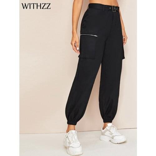 WITHZZ Spring Summer Womens Casual Pants Side Pocket Belt Cargo Pants Loose Trousers