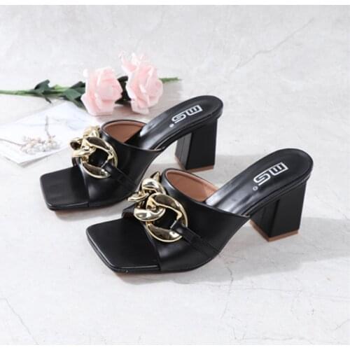 2021 New Brand Women Sandals Summer Outdoor Slip On Metal Decoration Ladies Shoes Square High Heels Slides Elegant Pumps 36-41