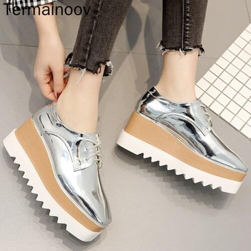 Termainoov Women Pumps Ladies Platform Shoes Silver Square Toe Wedges Lace-up Waterproof Platform Casual High Heels