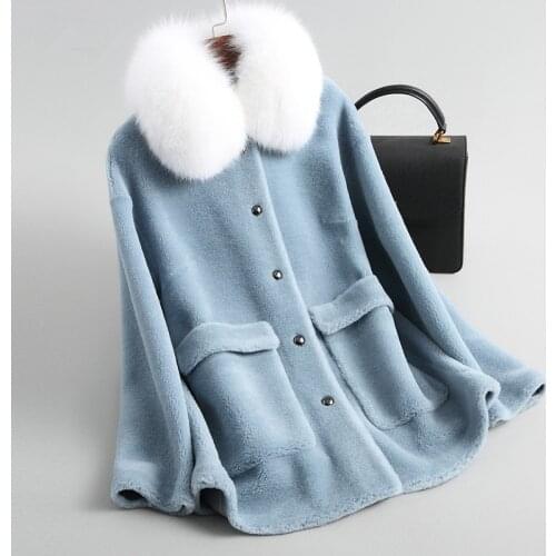 Sheep Natural 2020 Shearing Fur Coat with Real Fox Fur Collar Winter Jacket Women Elegant Blue Short Warm Overcoat 19020
