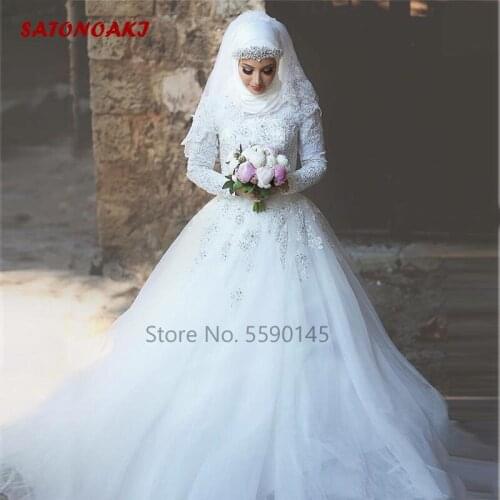 Long Sleeves Muslim Wedding Dress High Neck Appliques White Lace Tulle Crystals Princesa Bridal Gowns Vestido De Novia Online