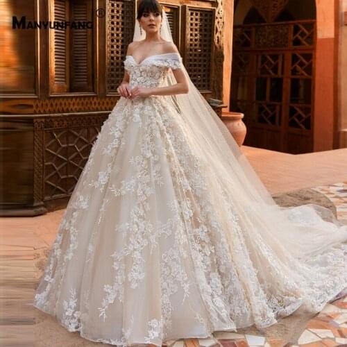 2021 Hot Sale Cathedral Train 3D Flowers Off the Shoulder Bridal Ball Gown Luxury Sweetheart Neck Zipper Back Wedding Dress