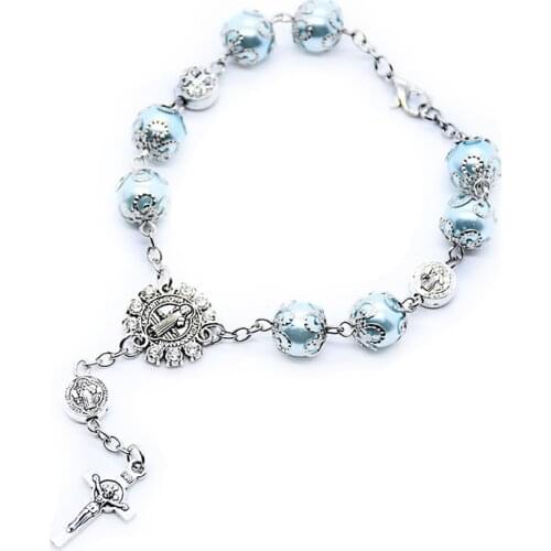 Rosaries Bracelets for Women Saint Benedict Rosary Imitation Pearl Beads Catholic Cross Bracelet Prayer Car Hanging Jewelry