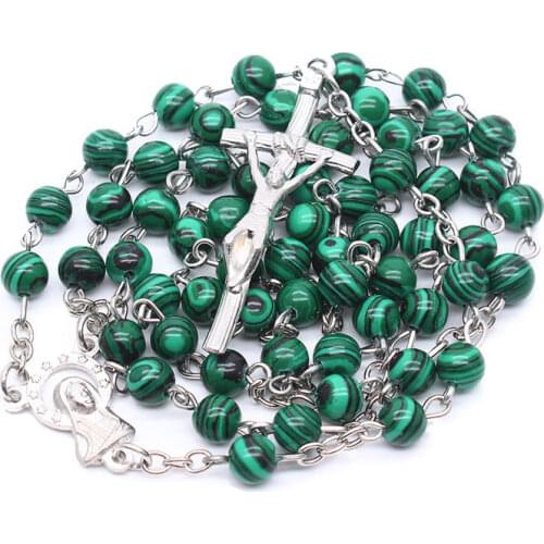 4Styles Green Rosary Bead Acrylic Malachite Natural Stone Catholic High End Bitter Like Christian Religio Cross Pendant Necklace