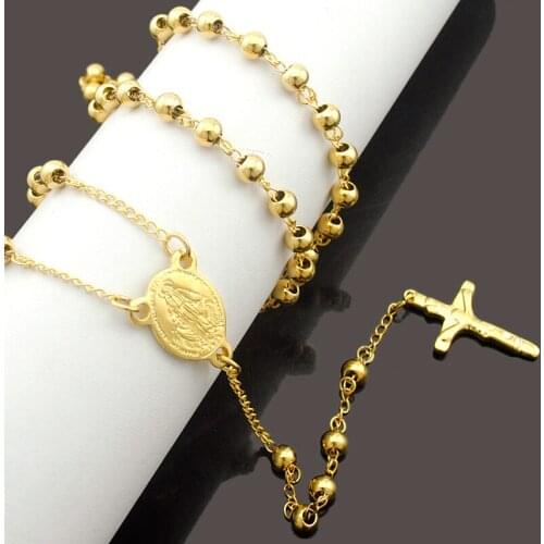 Dolaime 70cm*6mm long classic Bead Cross Religion Gold-color stainless steel men and women Punk Rosary necklace GN624
