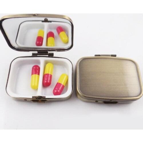 Metal square Ancient bronze Pill Boxes Holder 2 Grids Medicine Case Small Portable Case Container Splitters Personal MR141