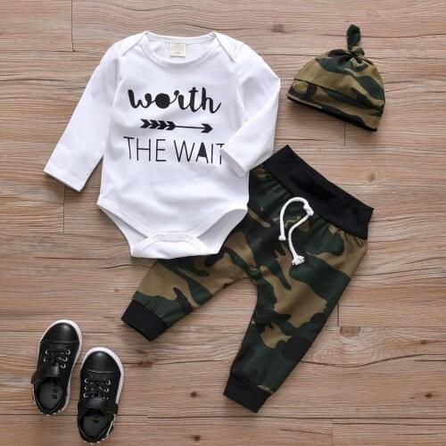 Baby Boy Romper Clothing Sets With Hat Stylish Camo Suit Letter Print Newborn Bodysuit+Pants Infant Clothes Set For Babies