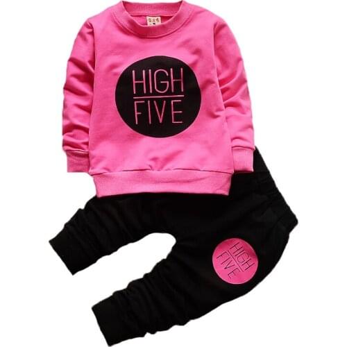 Toddler Baby Lettler Girls Clothing Set Autumn Cotton Full Sleeve High Five Pattern Shirt + Pants 2Pcs Suit For Kids