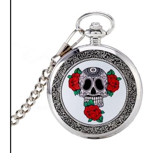 Hot Sale Free Shipping Retro silver Skull Heads & Rose Pocket Watch With FOB Chain Best Gift