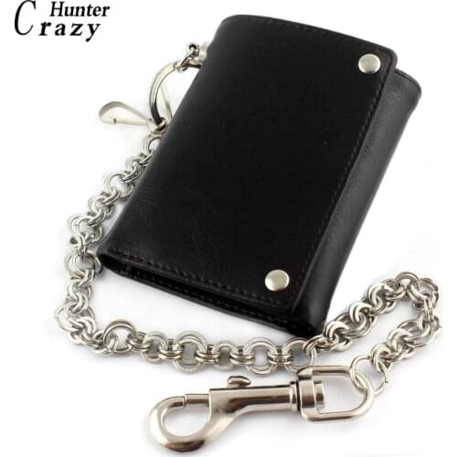 Mens Boys Trifold Leather Biker Trucker Wallet With A Long Metal Ring Key Chain