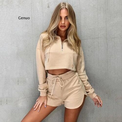 Long Sleeve Zipper Sport Coats Drawstring Wrapped Chest 2PCS Women Cropped Tops+High Waist Shorts Set Tracksuit For Gym Running