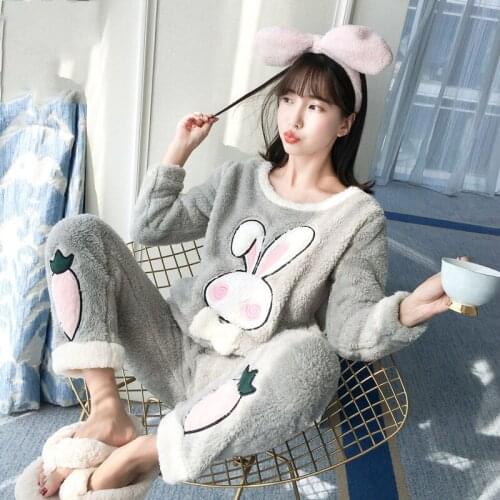 Pajamas Set Women Autumn and Winter Casual Cute Rabbit Print Homewear 2019 New Korean Loose Thick Sweet Flannel Sleepwear f2023