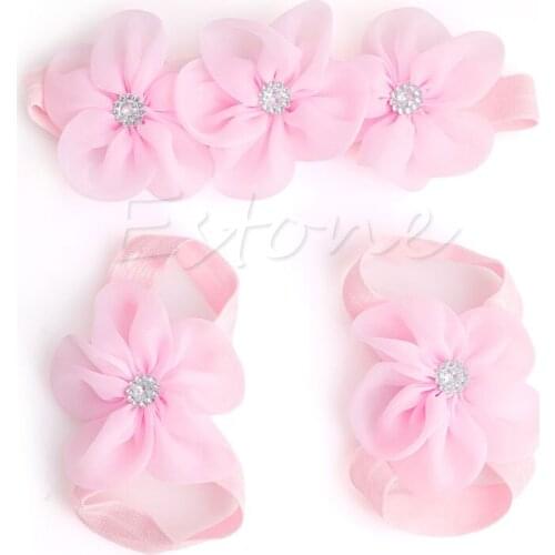 3pcs/set Baby Girl Kids Barefoot Sandals Shoes Headband Crystal Flower Foot Band