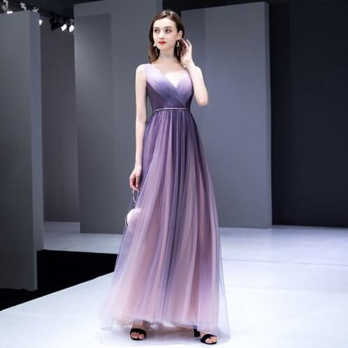 Luxury Purple Starry Sky Evening Dress with Long Sleeveless Banquet Host Elegance Gradient Color Mesh Prom Formal Dress A155