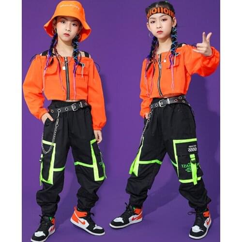 Modern Girls Jazz Dancing Costumes Long Sleeve Off-Shoulder Tops Black Hip-Hop Pants Ballroom Dance Clothes Street Wear BL6274