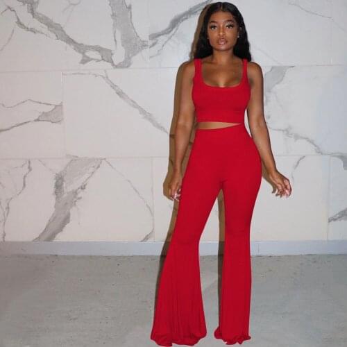 Knit Ribbed Casual Solid 2 Piece Set Matching Sets for Women Tank Crop Top and Flare Pants Sportswear Outfits Female Tracksuit