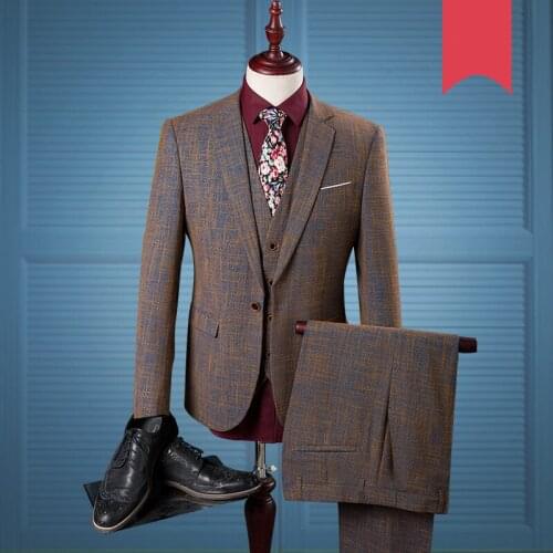 Tweed 2020 New Brown American Homme Mens Suit Single Button Tailor Notch Lapel Checkered Wedding Suits For Men 3Piece 972