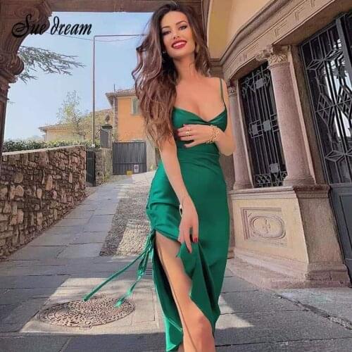 High Quality Christmas Satin Green Dress 2021 Sexy Spaghetti Side Open Celebrity Club Evening Party Dress Vestido