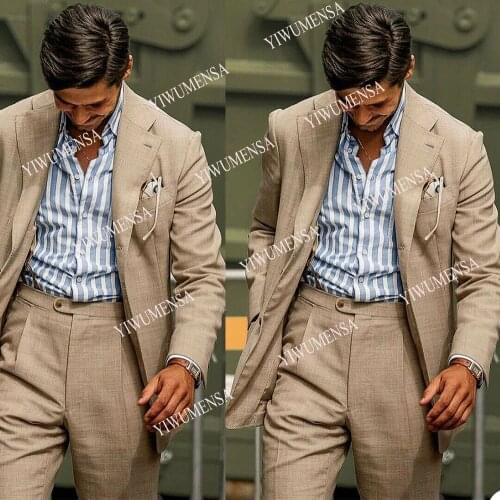 YIWUMENSA Summer Linen Casual Men Suits For Business Loose Notch Lapel Jacket With Pants 2 Pieces Groom Wear Blazers Tuxedos
