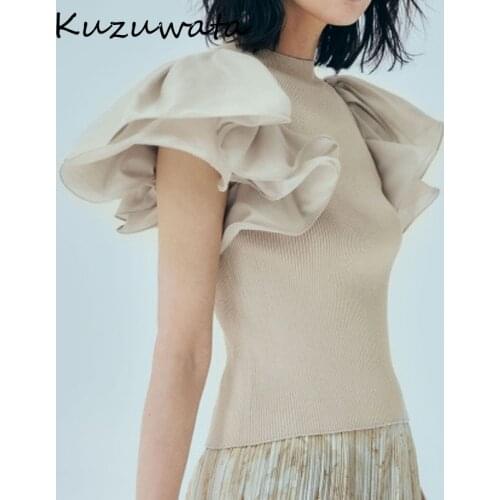 Kuzuwata O Neck Ruffles Short Sleeve Solid Blouse Women Slim Fit Knit Work Style Ol Simple Blusas Summer 2021 New Shirt Feminino