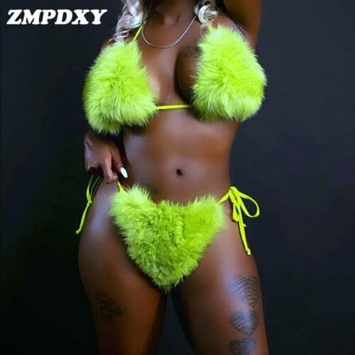 Women Fur Slides Real Fox Fur Slippers Sexy Ladies Fur Bikini Summer Beach Swimsuit Color Plush Bikini Bra Set Luxury Underwear