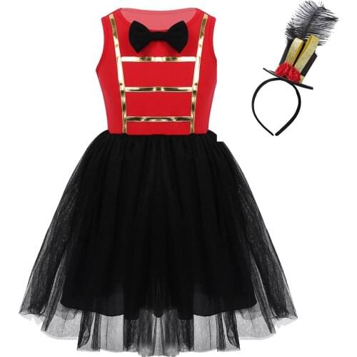 Girls Showman Costume Sleeveless Mesh Tutu Dress With Headband Set Kids Halloween Cosplay Carnival Party Performance Outfit