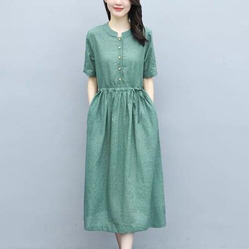 2021 New Summer Women Cotton Linen Dress Vintage Short Sleeve Midi Dresses Robe Femme Work OL Vestido Casual Solid Sundress B227