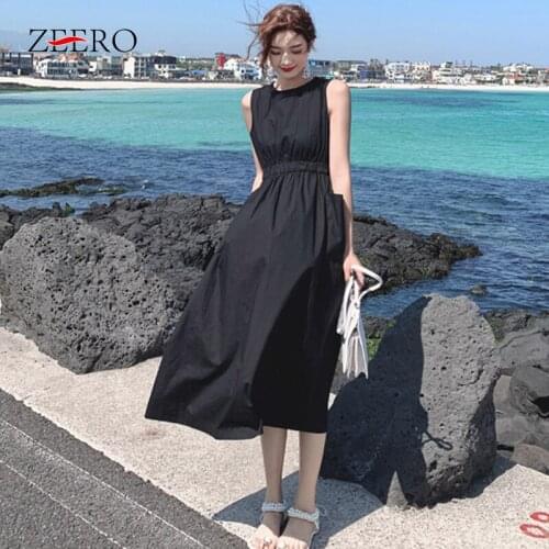 2020 Summer Women Sleeveless Casual White High Waist A-line Beach Midi Dresses Elegant Ladies Retro Black Simple Dress Vestidos