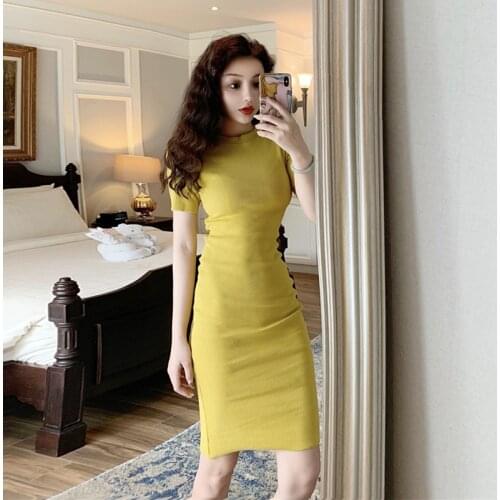 Elegant retro dress female 2020 spring new slim self-cultivation mid-length short-sleeved bag hip Tight fashion Vestidos D304